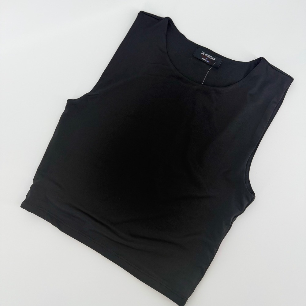 The Workshop Black Sleeveless Crop Top Crew Neck Stretch Medium Minimalist NWY